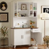 thumbnail of Hochschrank mit rustikalem Design und weißer Holzmaserung 114x40x190, 5 Türen,1 Schublade und 2 offene Fächer für Stauraum in Wohnzimmer und Esszimmer