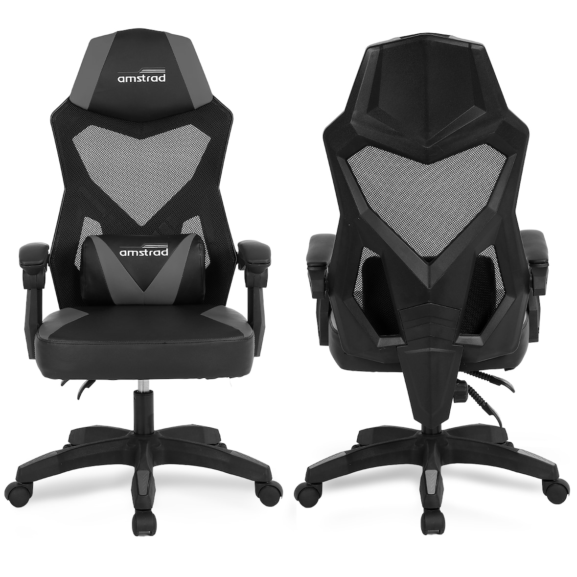 Chaise  Amstrad AMS-309-GREY noir & gris - Coussin lombaire - Tissu en maille respirante