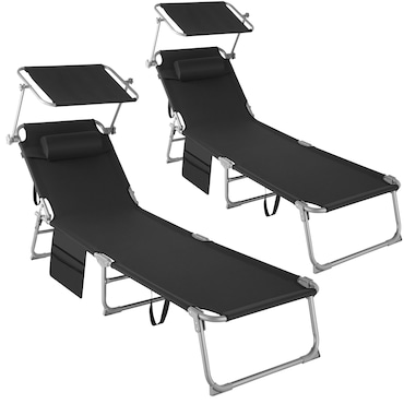 tectake Conjunto de 2 tumbonas Chloé con 4 posiciones y almohada para la cabeza - Negro