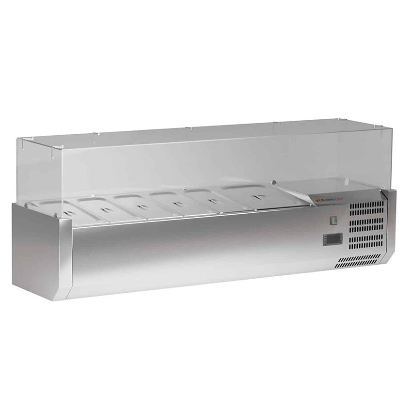 Pizzakühltisch - Pizzatisch mit 2 Türen inkl. Glaskühlaufsatzvitrine für 1/3 GN Behälter - IDEAL schwarze Granitarbeitsplatte