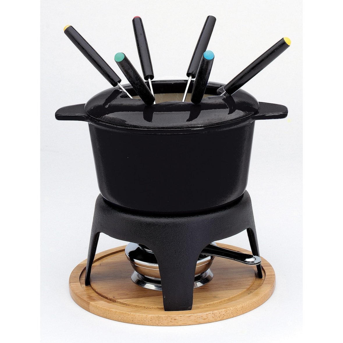 Baumalu Service à fondue fonte noir avec plateau bois - 6 pers. 385051