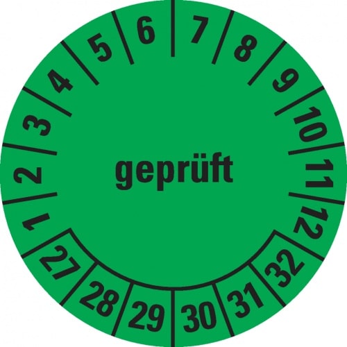 Dreifke® Prüfplakette geprüft 27-32,grün,Dokumentenfolie,selbstklebend,Ø 20mm,36 St/Bogen