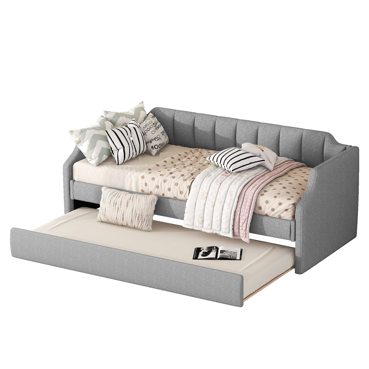Gepolstertes Tagesbett 90x200 mit Rollbett Ausziehbar Zusatzbett für Gästezimmer Wohnzimmer Stilvoller Komfort Grau