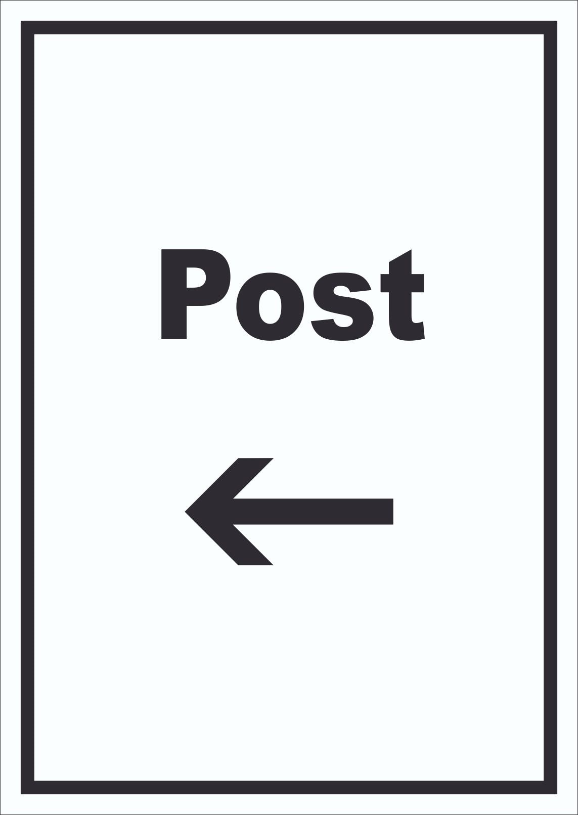 Post Schild mit Text und Richtungspfeil links Annahme Brief Paket hochkant A2 (420x594mm)