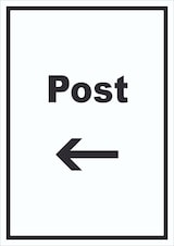 thumbnail of Post Schild mit Text und Richtungspfeil links Annahme Brief Paket hochkant A2 (420x594mm)