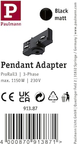 thumbnail of Paulmann ProRail3 Pendeladapter Universal    max. 1150W   230V Schwarz 91387