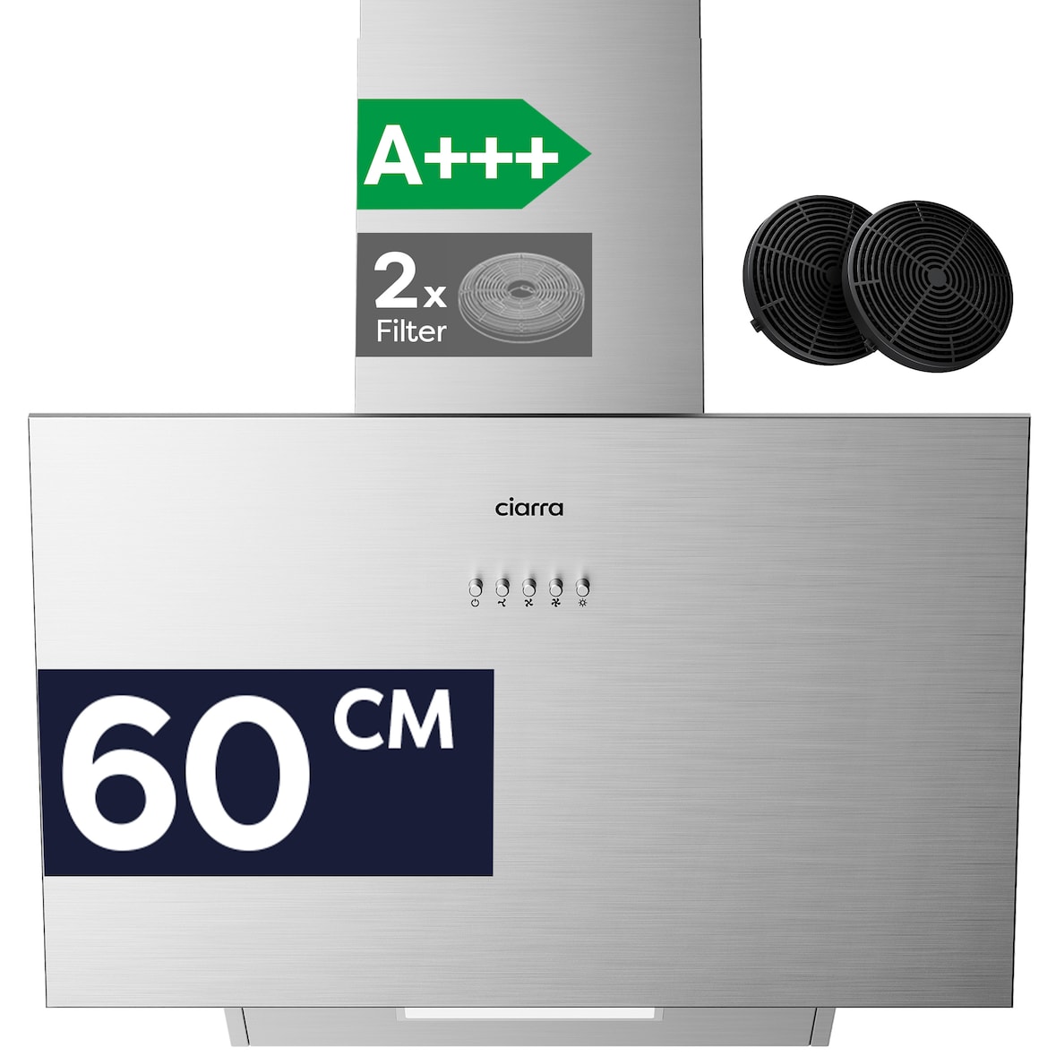 CIARRA Cappa Aspirante Inclinata 60 cm A+++ 650 m³/h 3 Velocità Cappe inclinata con Filtri Carbone LED VMS6762A