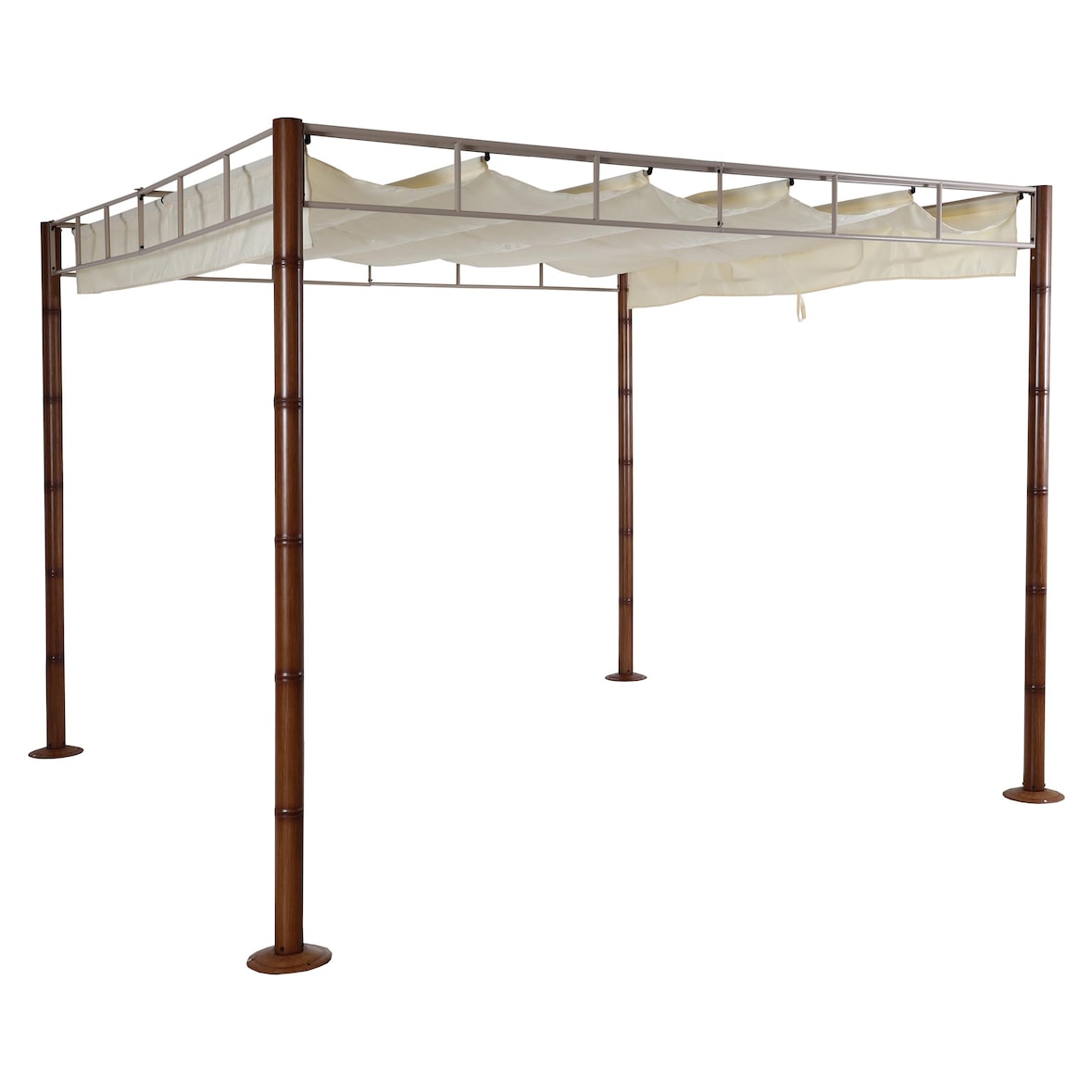Pergola HWC-L42, Garten Pavillon Terrassenüberdachung, stabiles 7cm-Metall-Gestell 3x3m Bambus-Optik ~ creme-weiß