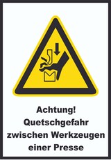 thumbnail of Achtung Quetschgefahr zwischen Werkzeugen einer Presse A2 (420x594mm) Schild