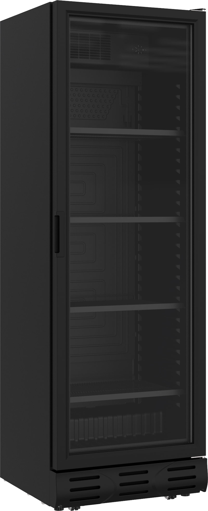 Un frigorifero nero con porta in vetro.