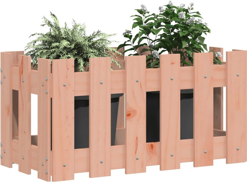 Ein hölzerner Blumenkasten mit zwei Pflanzen.