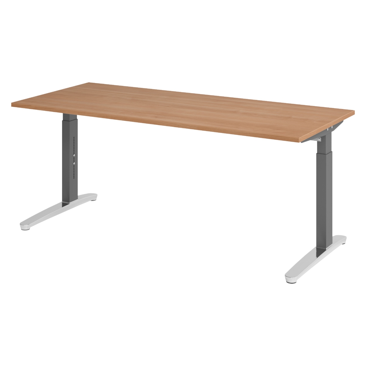bümö manuell höhenverstellbarer Schreibtisch 180x80 in Nussbaum, Gestell in graphit/alu - PC Tisch höhenverstellbar & groß, höhenverstellbarer Tisch