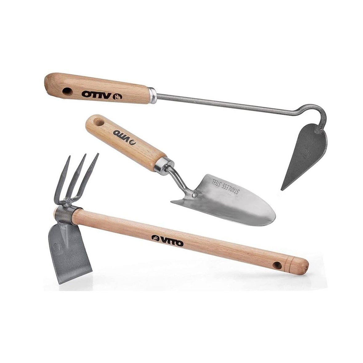 Kit 3 outils de jardin Manche bois Inox et Fer forgés à la main Haute qualité VITO