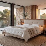 thumbnail of Polsterbett HWC-J98, Bett Doppelbett Bettgestell mit Lattenrost, Massivholz ~ 160x200cm creme-beige