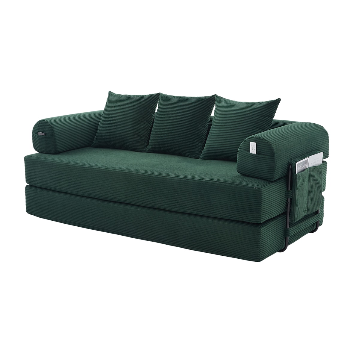 Merax 2-Sitzer Sofa, Schlafsofa Zusammenlegbares Kompressionssofa mit robustem Metallrahmen, Seitentaschen plus 3 Kissen, Emerald