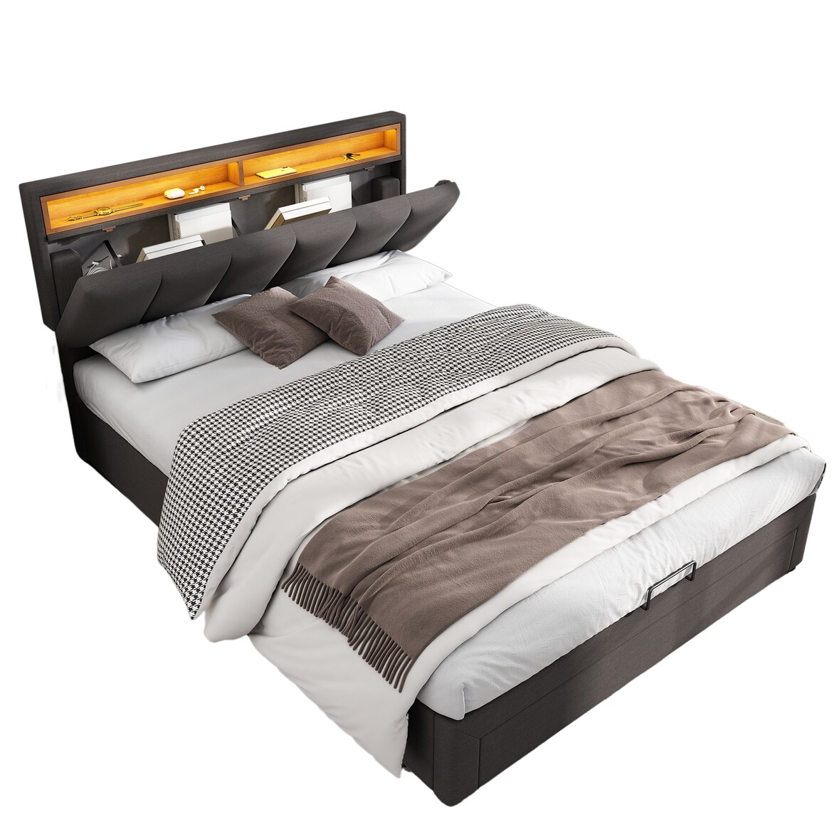 Stylisches LED-Bett 140x190 mit Leinenoptik – Graues Polsterbett mit verstellbarer Beleuchtung, Lattenrost stabiler MDF-Rahmen Grau