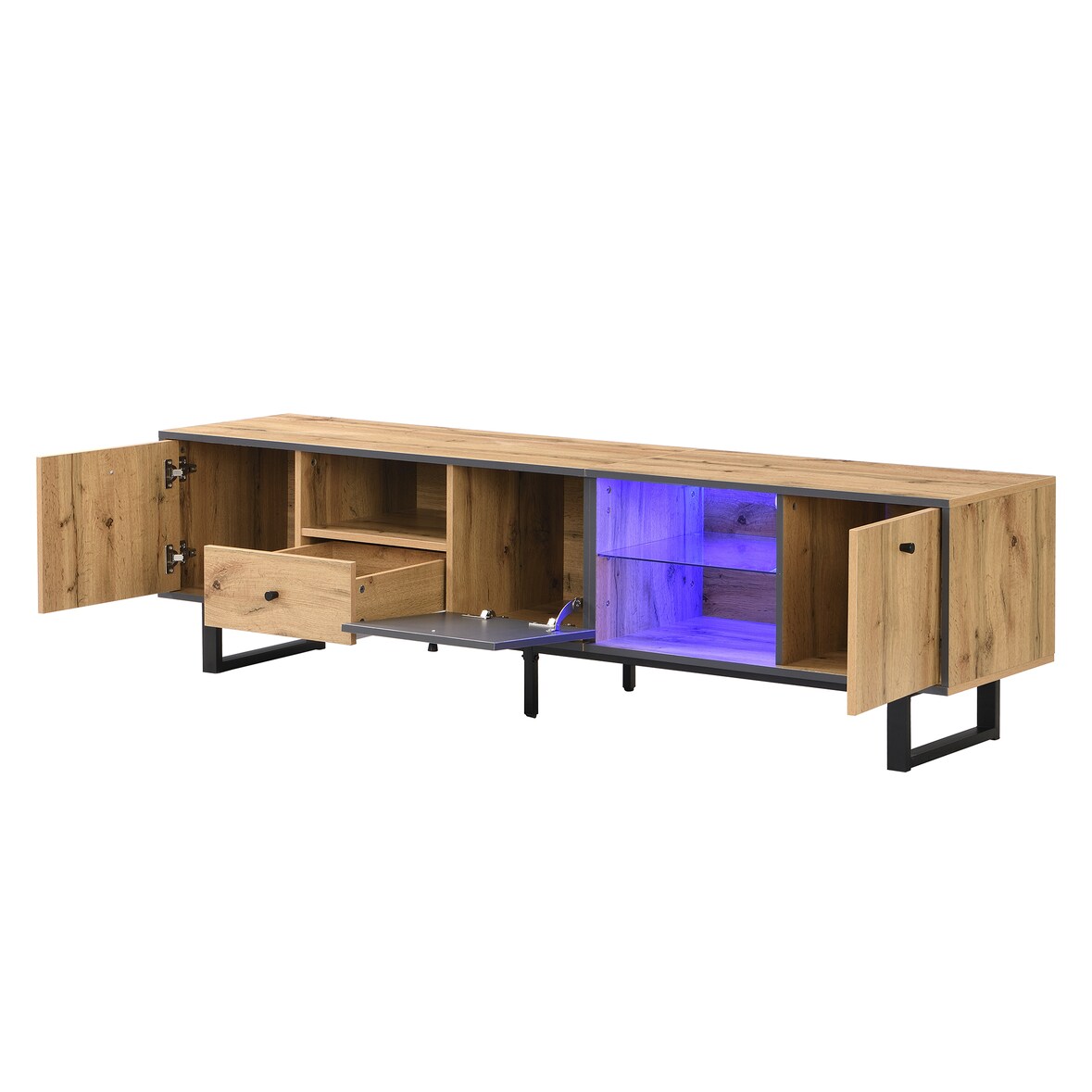 Lowboard 190x40x50 cm mit LED-Beleuchtung, Glastrennwand und Stabile Eisenbeine, modernes Design in Grau und Schwarz