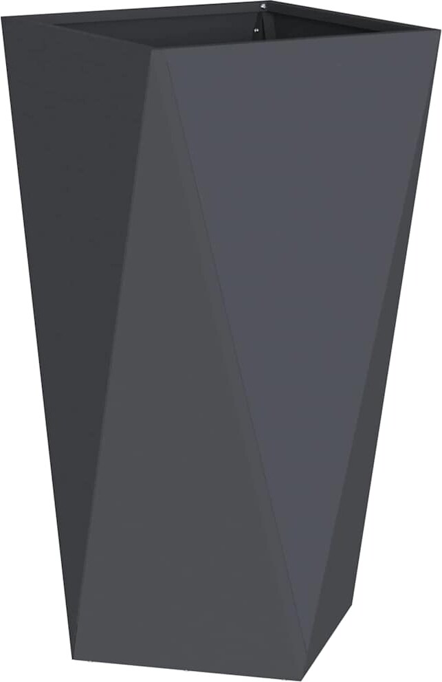 Ein hoher, dunkler, geometrischer Blumentopf.