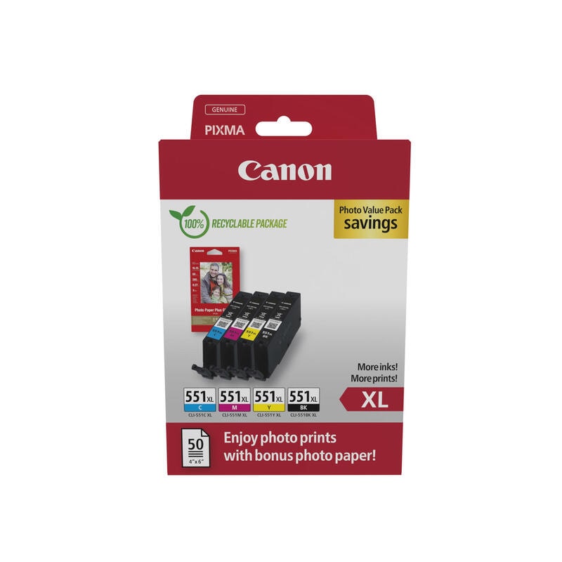 Pack de 4 cartouches d'encre 6443B008 Noir et couleurs Marque Canon + 50 Papier photo (6443B008)