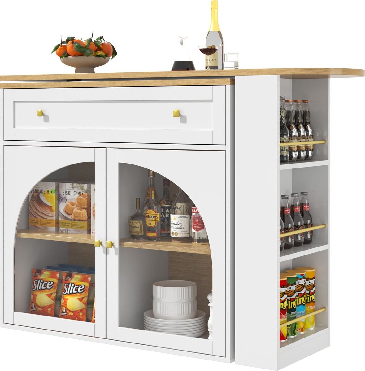 Bartisch ausziehbar Weiß 204x39x104 cm mit Stauraum 360 Grad drehbar, Seitenregal, Glastüren, modern für Küche Home Bar und Büro
