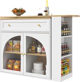 thumbnail of Bartisch ausziehbar Weiß 204x39x104 cm mit Stauraum 360 Grad drehbar, Seitenregal, Glastüren, modern für Küche Home Bar und Büro