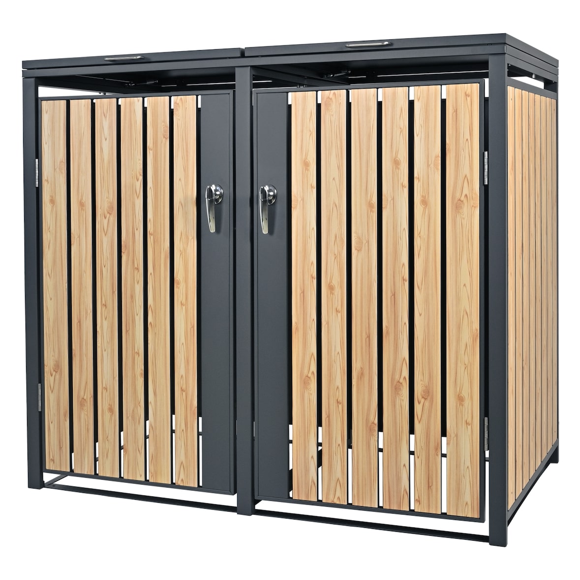 ML-Design Mülltonnenbox 2er Anthrazit-Holzoptik, 2×240L, 132×80×116 cm, Stahl, wetterfest & abschließbar, Müllbox mit Klappdeckel & Türen