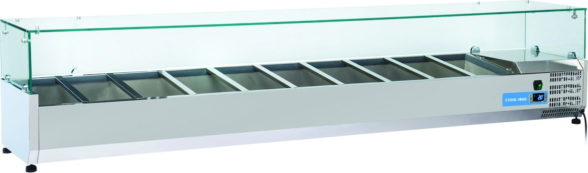 Edelstahl-Kühlvitrine für 10 GN1/3 Tabletts. Abmessungen: 220x39.5x44h cm. Temperatur +2°C/+8°C. Kühlkopf VRX 22/38