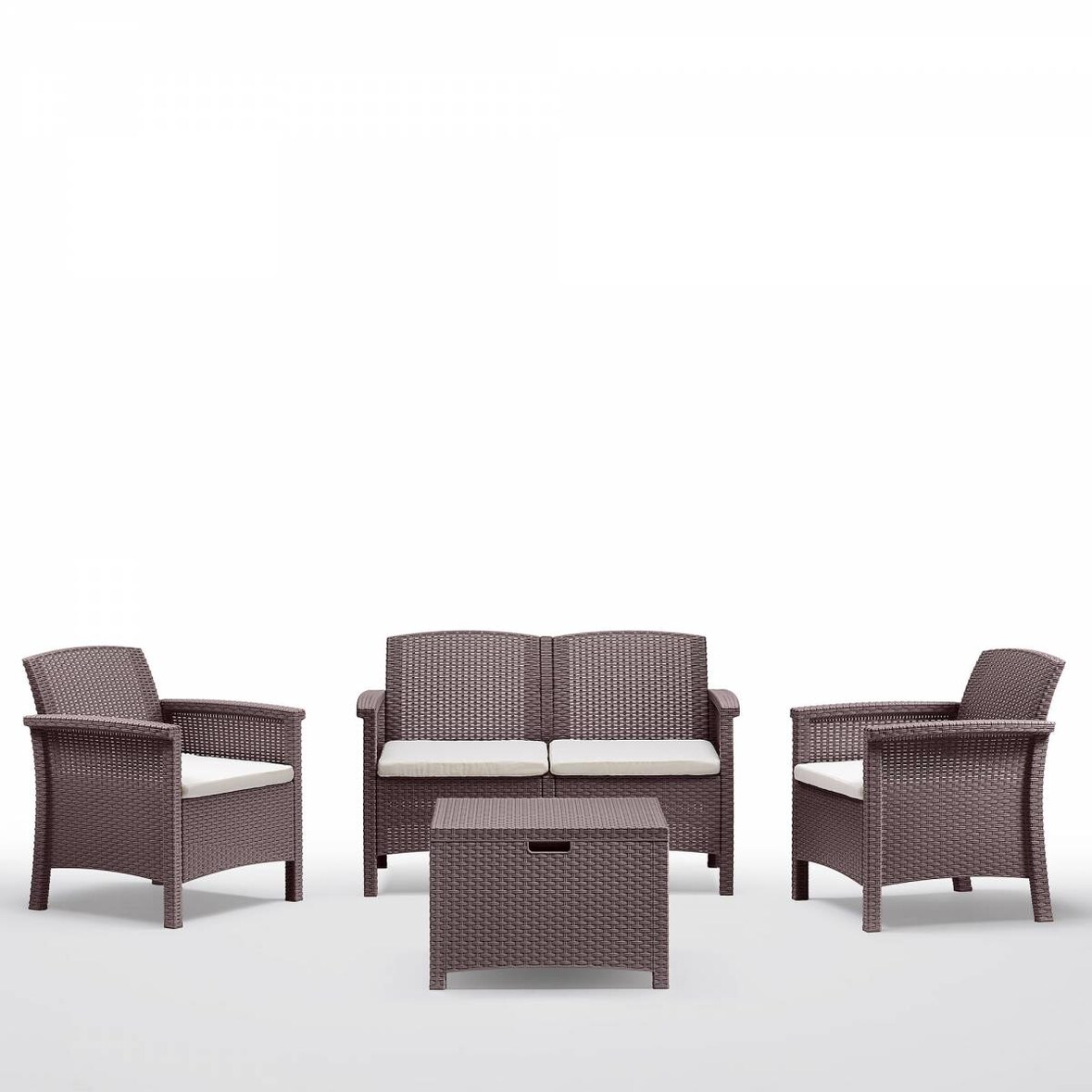 Salotto da Giardino Venezia Rattan 1 divano 2 poltrone 1 tavolino, Marrone con cuscini Beige