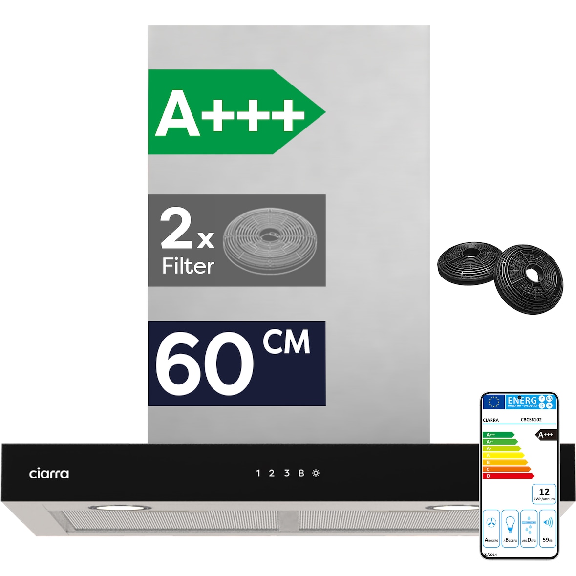 CIARRA Afzuigkap 60 cm 650 m³/u Wandkap met WIFI +APP & Touch Control Boost DC motor energieklasse A+++ VMS6102