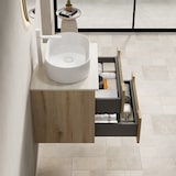 thumbnail of Badezimmer-Waschtisch 62x60x46 cm mit Ovalem Keramikbecken, Travertin-Sintersteinplatte, Soft-Close-Schubladen, Eiche, Vormontiert