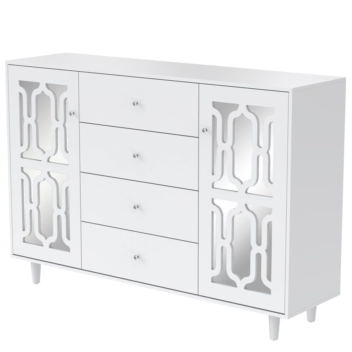 Merax Sideboard Anthem, mit verspiegelten Glastüren und vier Schubladen, Kommode im Landhausstil, Anrichte, Küchenschrank