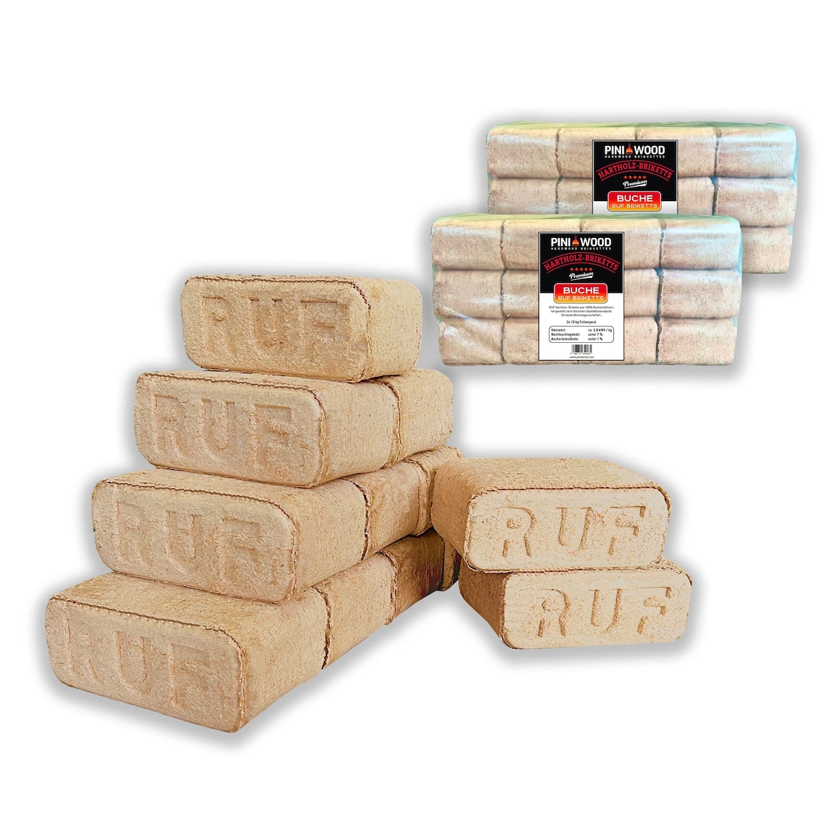 PINI Holzbriketts 100% Buche RUF 20 kg Hartholzbriketts Kamin Ofen Grill Feuerstelle Brennholz