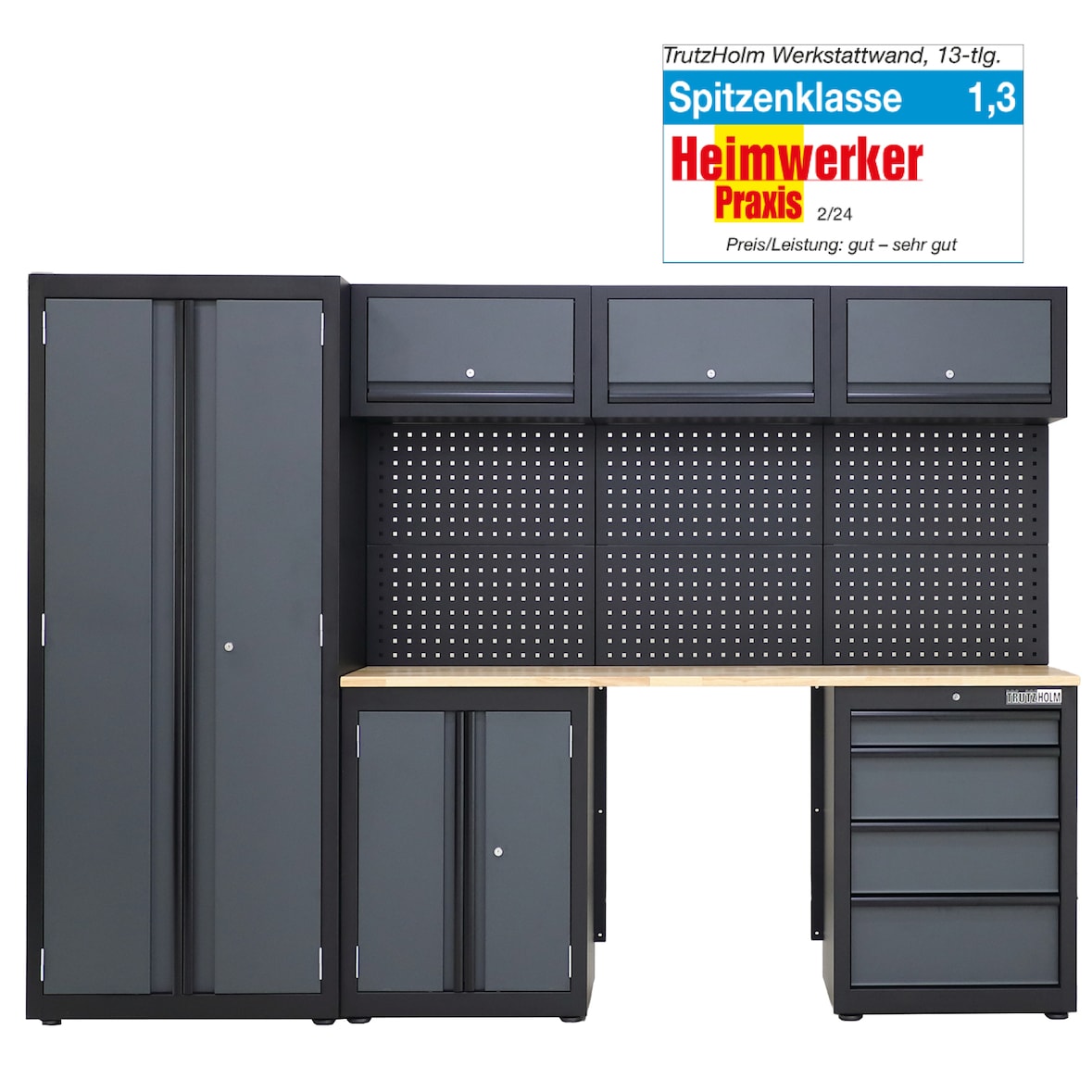 Werkstattwand 13-tlg. modulares Werkstattschranksystem aus Stahl mit Holzarbeitsplatte in Anthrazit