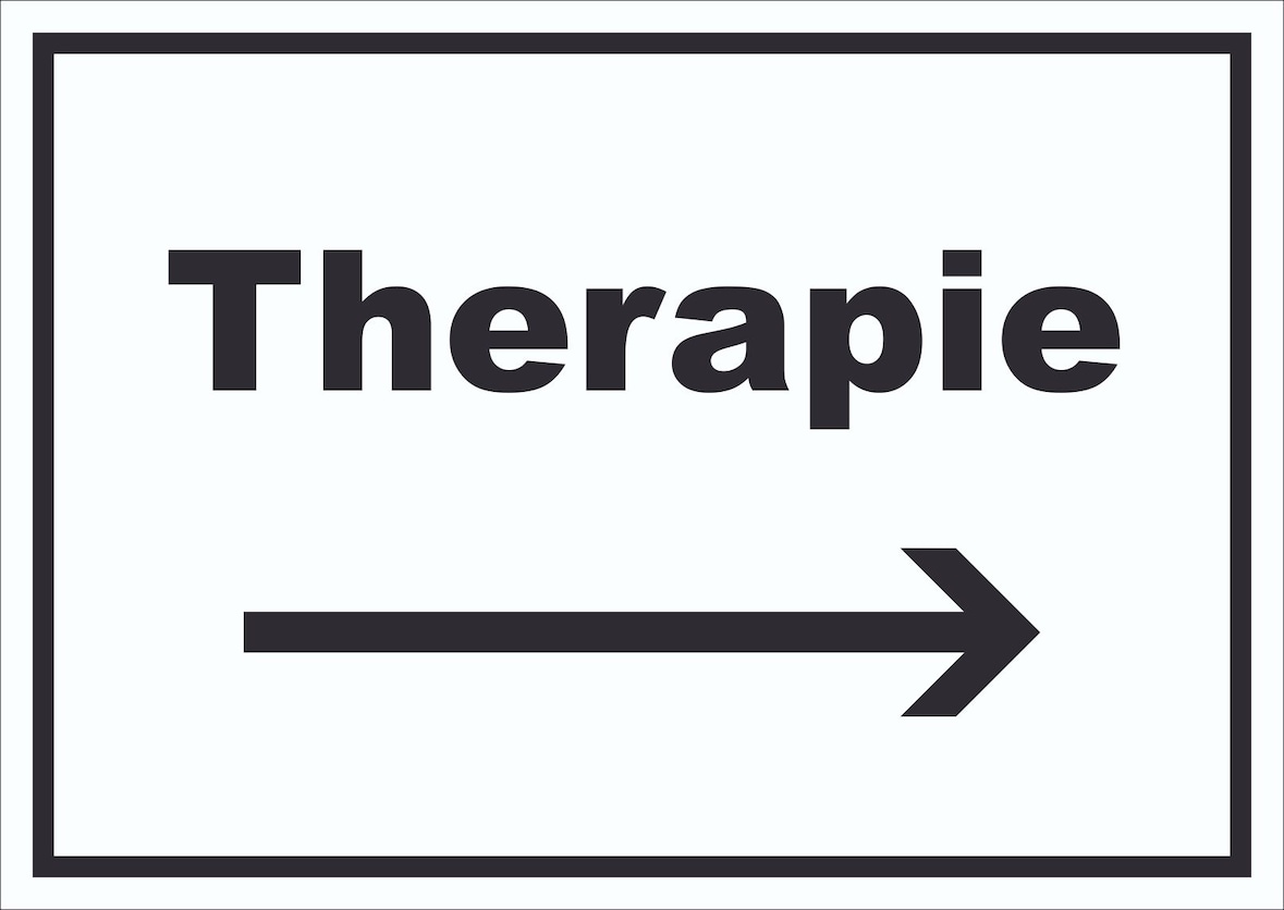 Therapie Schild mit Text und Richtungspfeil rechts Raum Behandlung waagerecht A0 Rückseite selbstklebend