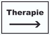thumbnail of Therapie Schild mit Text und Richtungspfeil rechts Raum Behandlung waagerecht A0 Rückseite selbstklebend