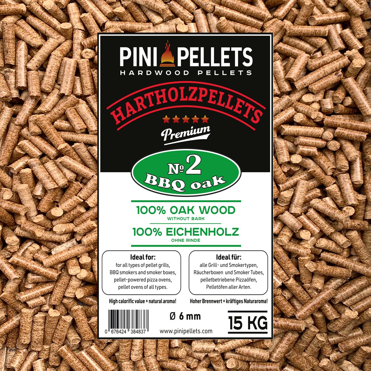 PINI Hartholz Pellets 100% Eiche Nr. 2 BBQ Oak 15 Kg Grillpellets zum Grillen Räuchern Smoken