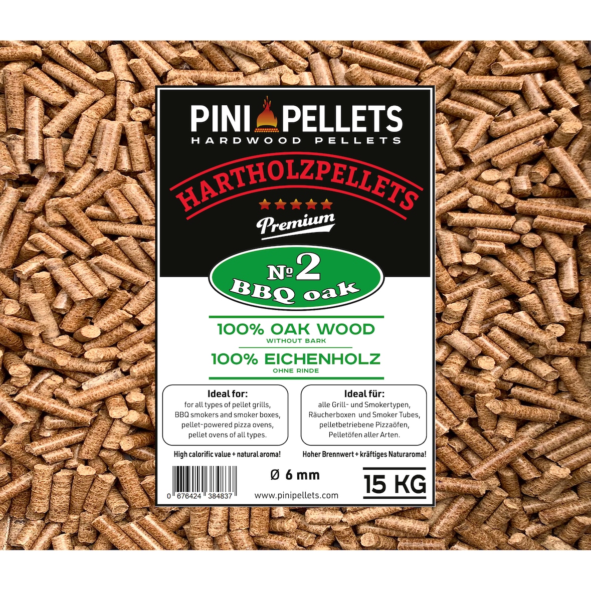 15 kg Hardhout pellets 100% eiken PINI No. 2 BBQ Eiken grillpellets voor grillen, roken, ook voor pizza-ovens met pelletcontrole