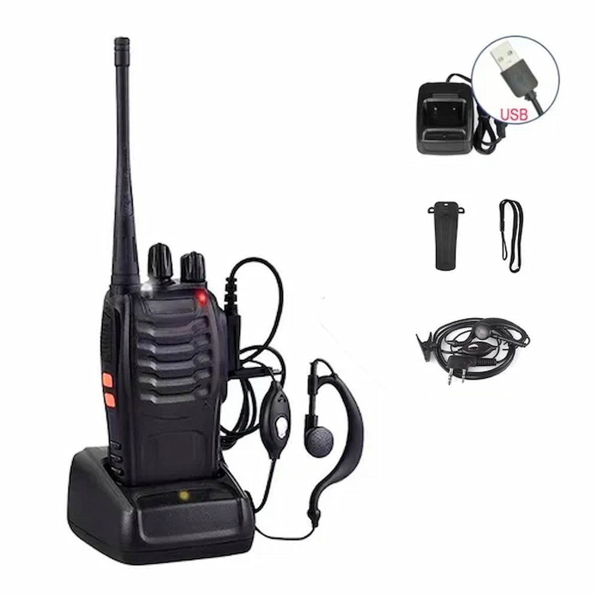 Packung mit 4 tragbaren Walkie Talkies mit USB-Ladegerät und Headset