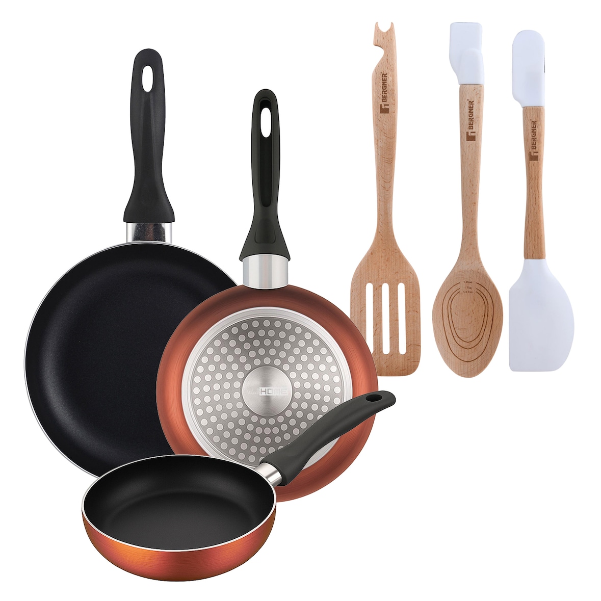 BERGNER - Set aus 3 Pfannen Ø16/20/24cm aus gepresstem Aluminium in metallic-copper mit Set 3 Utensilien aus Silikon und Holz