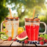 thumbnail of Relaxdays Trinkgläser 2er Set, Getränkebecher mit Deckel & Strohhalm, Limobecher 450 ml, Glasbecher Henkel, hellbraun