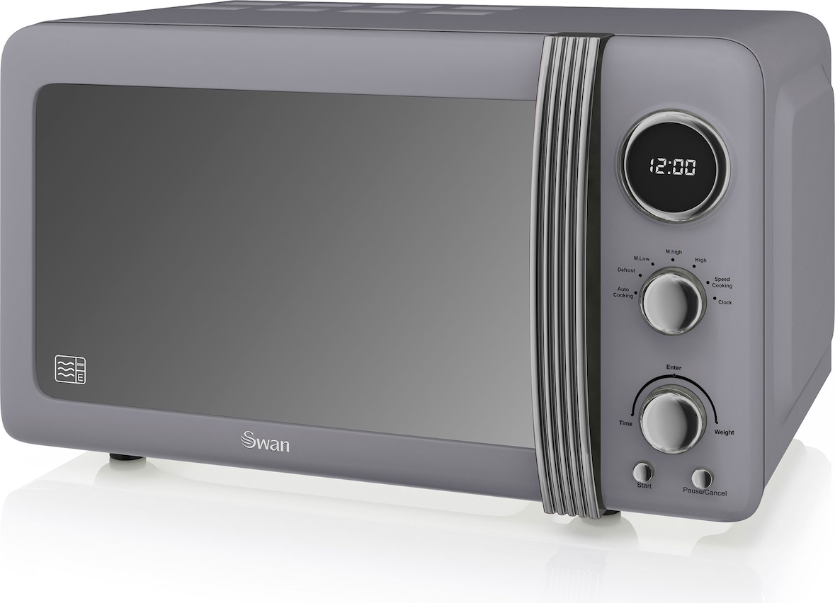 SWAN SM22030GRNEU Retro Microondas Digital 20L, 5 Niveles de Potencia, Función Descongelación Temporizador 60 Min, Gris, 800W
