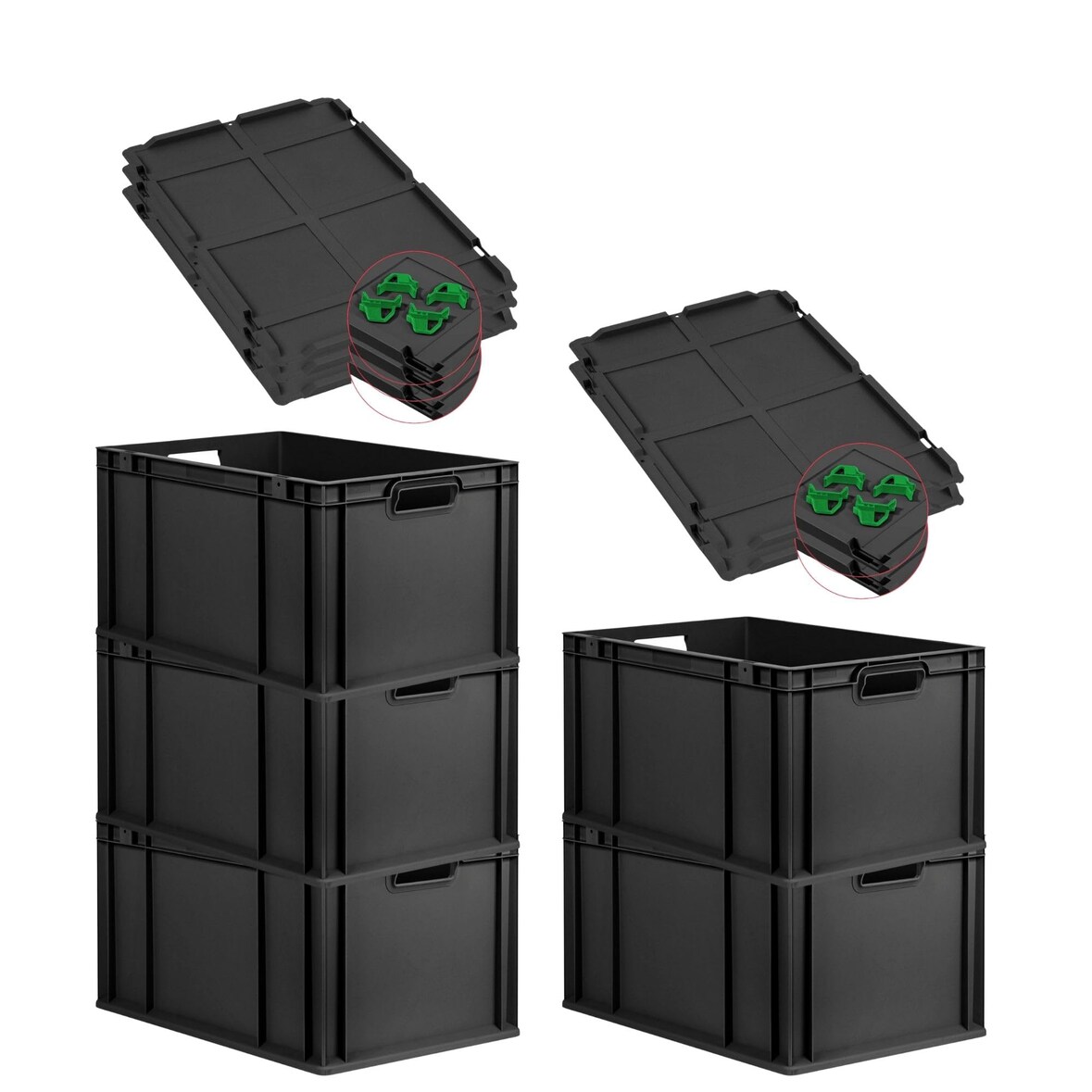 PROREGAL SparSet 5x Eurobox NextGen Grip mit Auflagedeckel & 4 grünen Verschlüssen, HxBxT 32x40x60cm, 65L, Schwarz, Griffe offen, Eurobehälter