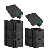 thumbnail of PROREGAL SparSet 5x Eurobox NextGen Grip mit Auflagedeckel & 4 grünen Verschlüssen, HxBxT 32x40x60cm, 65L, Schwarz, Griffe offen, Eurobehälter