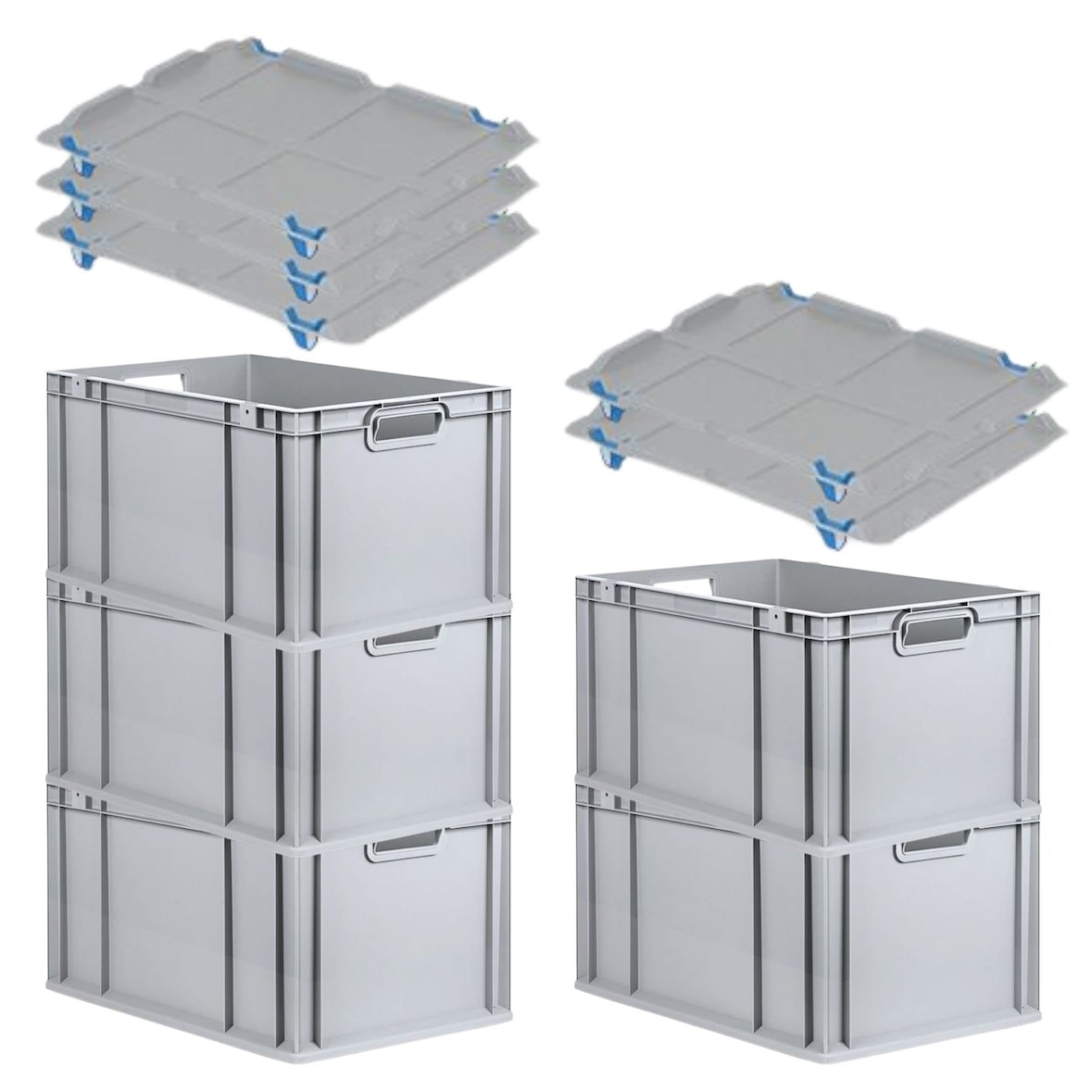 PROREGAL SparSet 5x Eurobox NextGen Economy mit Auflagedeckel & 4x Verschlüsse Blau, Griffe offen, HxBxT 32x40x60cm, 65L, Eurobehälter, Box