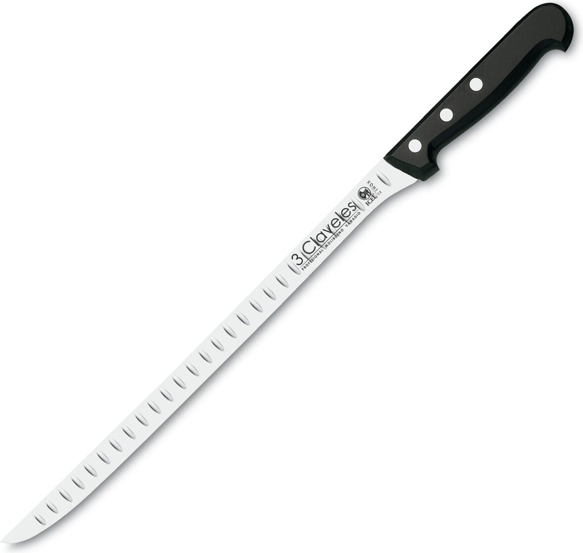 3 Claveles POM - Cuchillo Jamonero Alveolado Profesional 30 cm Acero Inoxidable