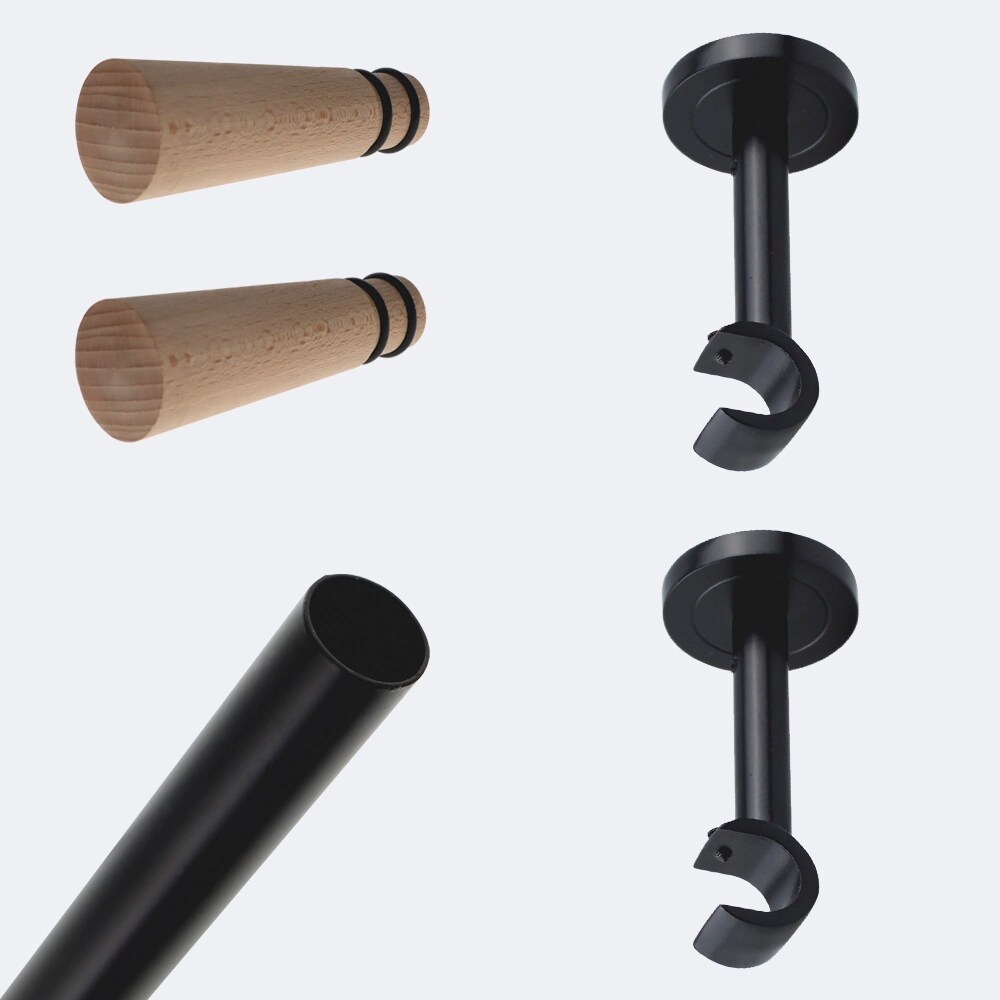 Kit de tringle à rideaux Noir Mat 200cm Diam.20mm Embout Cône Bois - Fixation Mur - Boulet