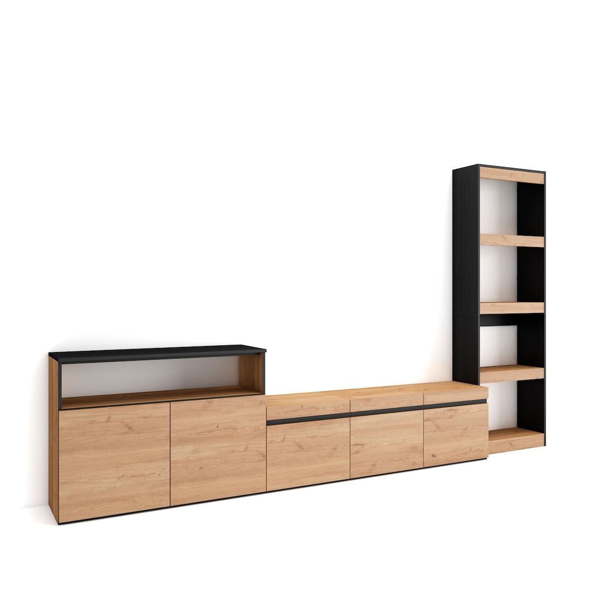 Meubels voor woonkamer, TV-Meubel, Lowboard, 310x35x186cm, Voor tv's tot 65", TV-Tafel, Moderne stijl, Eiken/Zwart _ 100_1