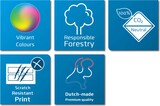 Lebendige Farben, kratzfester Druck, verantwortungsvolle Forstwirtschaft, CO2-neutral, in den Niederlanden hergestellt.