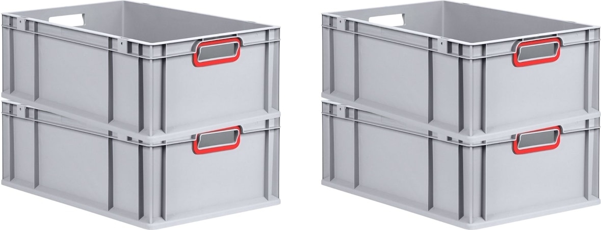 PROREGAL 4x Eurobox NextGen Color | HxBxT 22x40x60cm | 44 Liter | Griffe rot offen | Verstärkter Boden | Eurobehälter