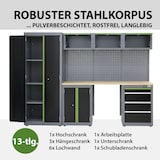 thumbnail of Werkstattwand 13-tlg. modulares Werkstattschranksystem aus Stahl mit massiver Holzarbeitsplatte grün